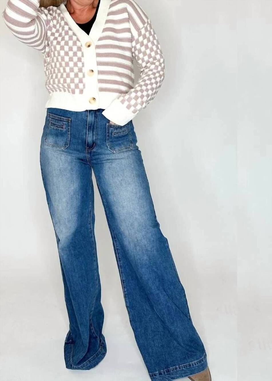 NEW HEM & THREAD stripe and checker mixed crop sweater cardigan in white multi